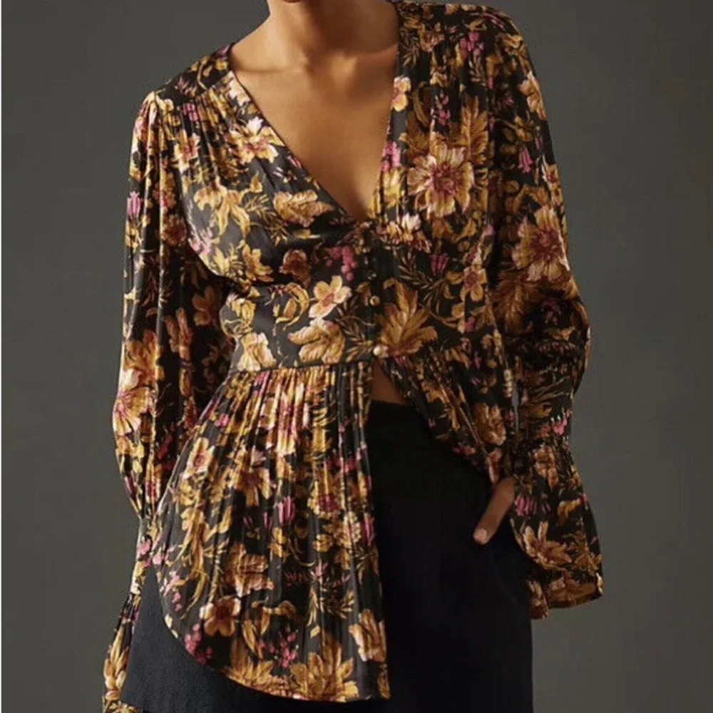 NEW Anthropologie Deep-V Floral Tunic Blouse-Size Small - Picture 2 of 16